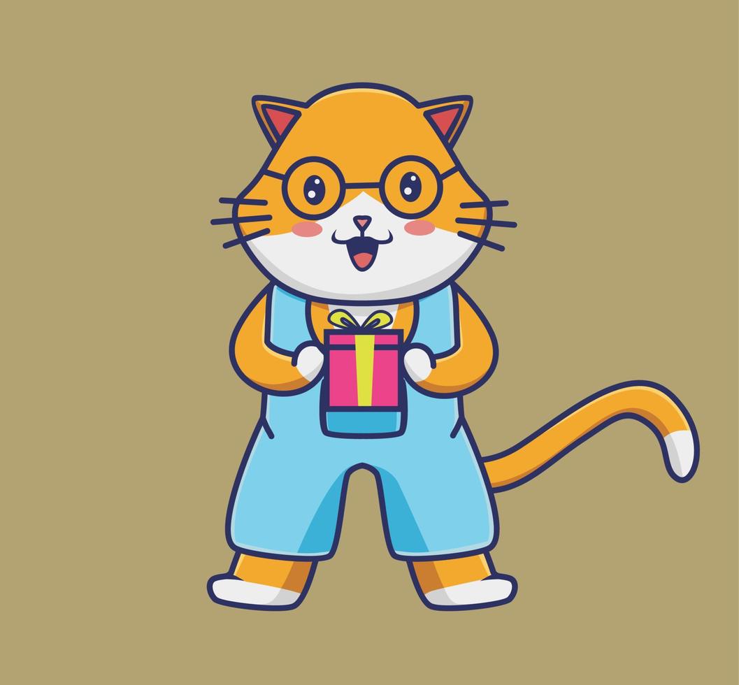 linda chica gato usa ropa para sostener un regalo. ilustración aislada del concepto de ropa de animales de dibujos animados. estilo plano adecuado para el vector de logotipo premium de diseño de icono de etiqueta. personaje mascota