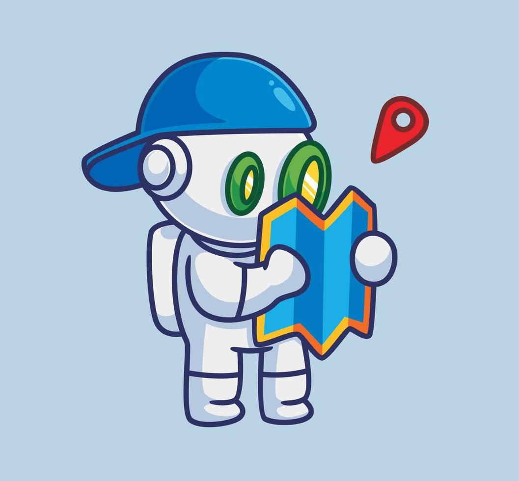 lindo robot astronauta mirando mapas para viajar de vacaciones. ilustración de persona de dibujos animados aislado. estilo plano adecuado para el diseño de iconos de pegatinas vector de logotipo premium