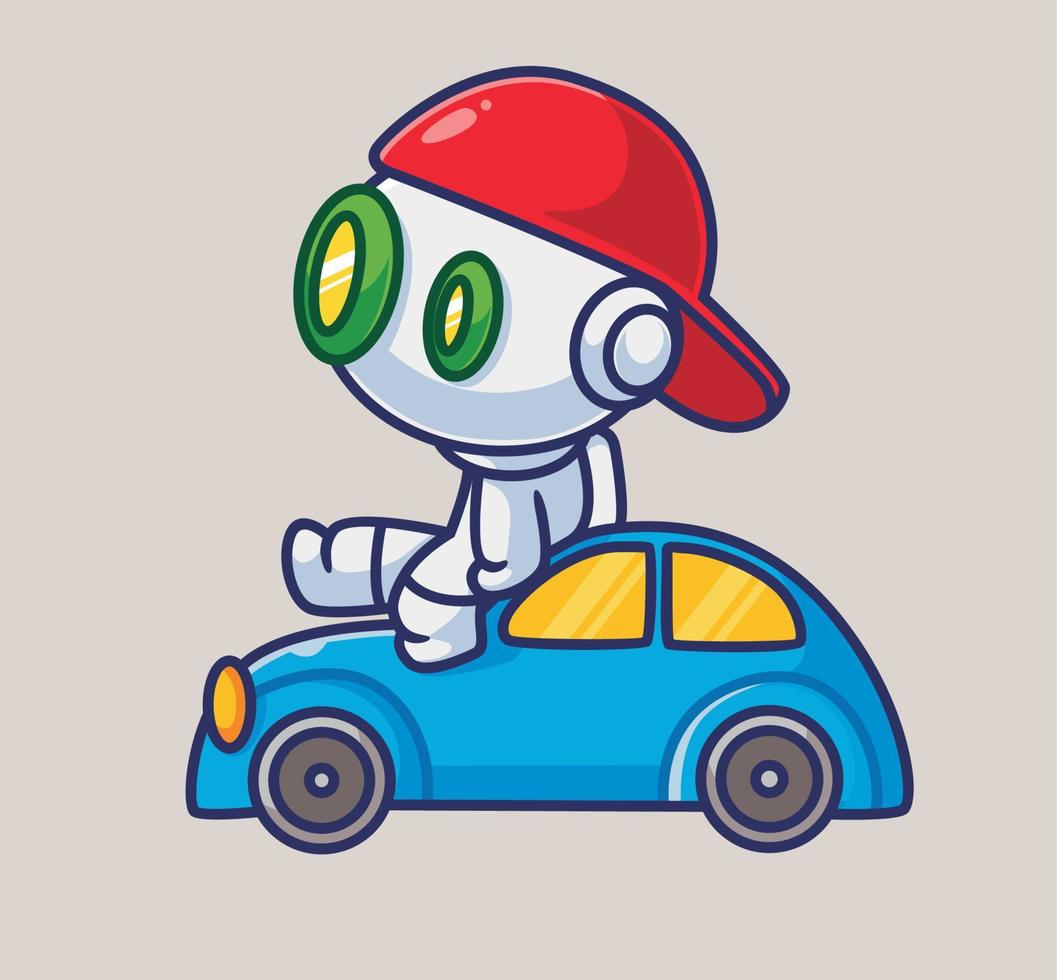 lindo viaje de vacaciones robot astronauta con un coche. ilustración de persona de dibujos animados aislado. estilo plano adecuado para el diseño de iconos de pegatinas vector de logotipo premium