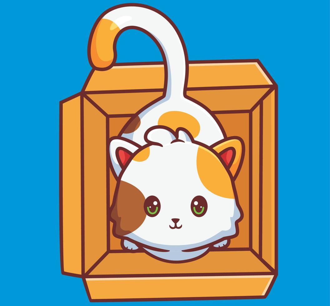 lindo gato mirando hacia arriba desde su cartón favorito. ilustración animal de dibujos animados aislados. vector de logotipo premium de diseño de icono de etiqueta de estilo plano. personaje mascota