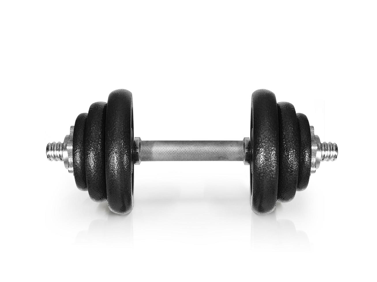 Metal dumbbells. Isolated on white background. Gym, fitness and sports equipment symbol. Area for entering text photo