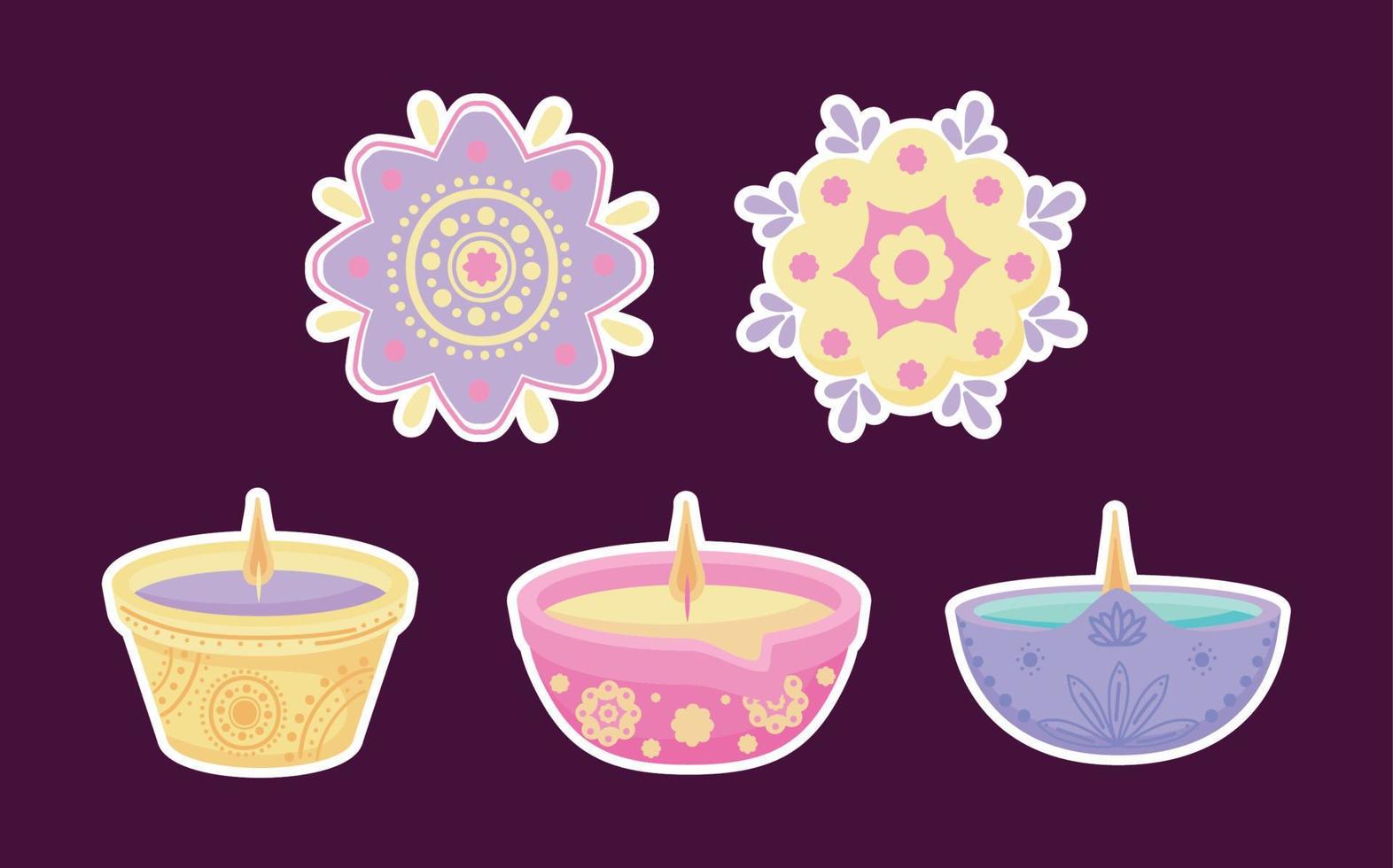 Diwali diya lamps, icon set vector