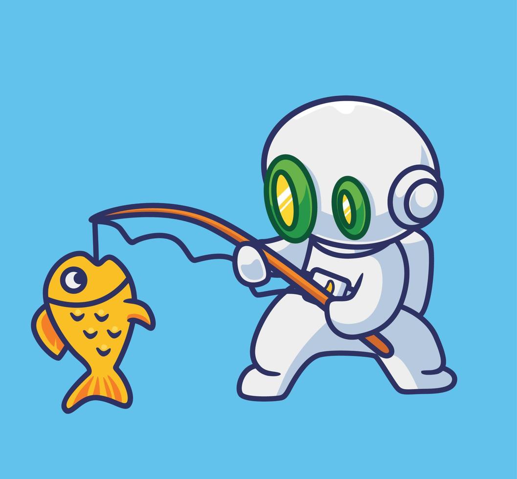 cute astronaut robot fishing salmon vector