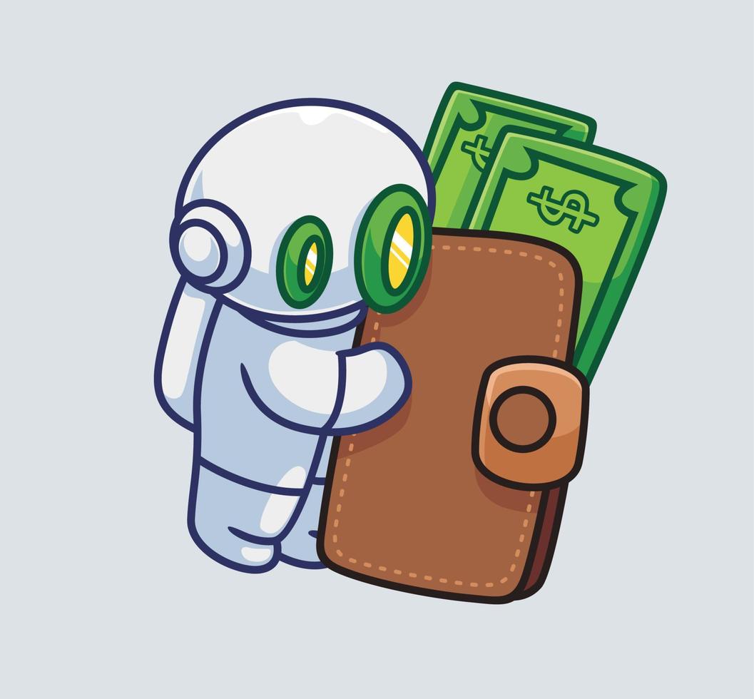 lindo robot astronauta sosteniendo una billetera gigante de dinero. ilustración de persona de dibujos animados aislado. estilo plano adecuado para el diseño de iconos de pegatinas vector de logotipo premium