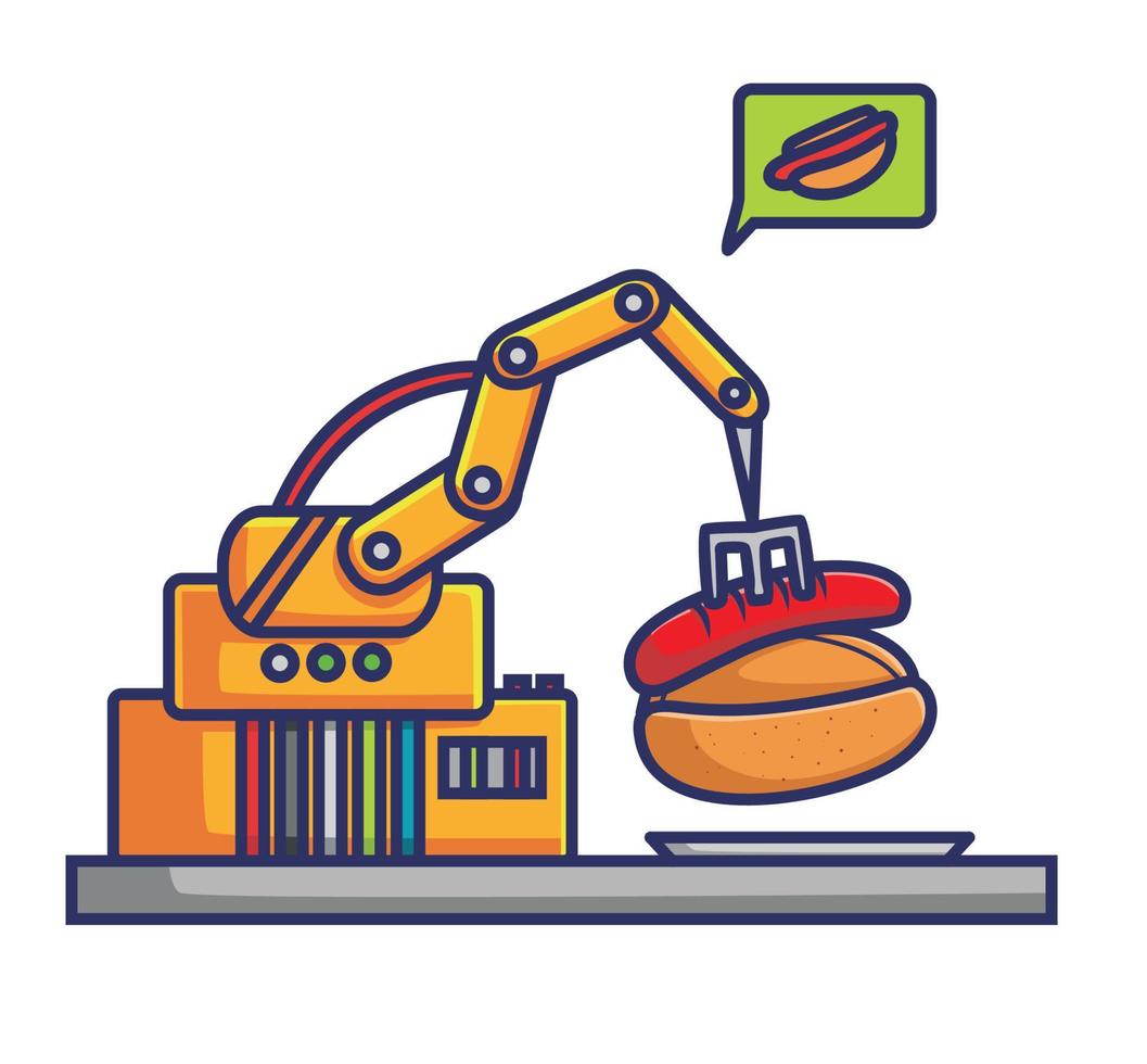 robot tongs machine making hotdog. flat cartoon style illustration icon premium vector logo mascot suitable for web design banner character