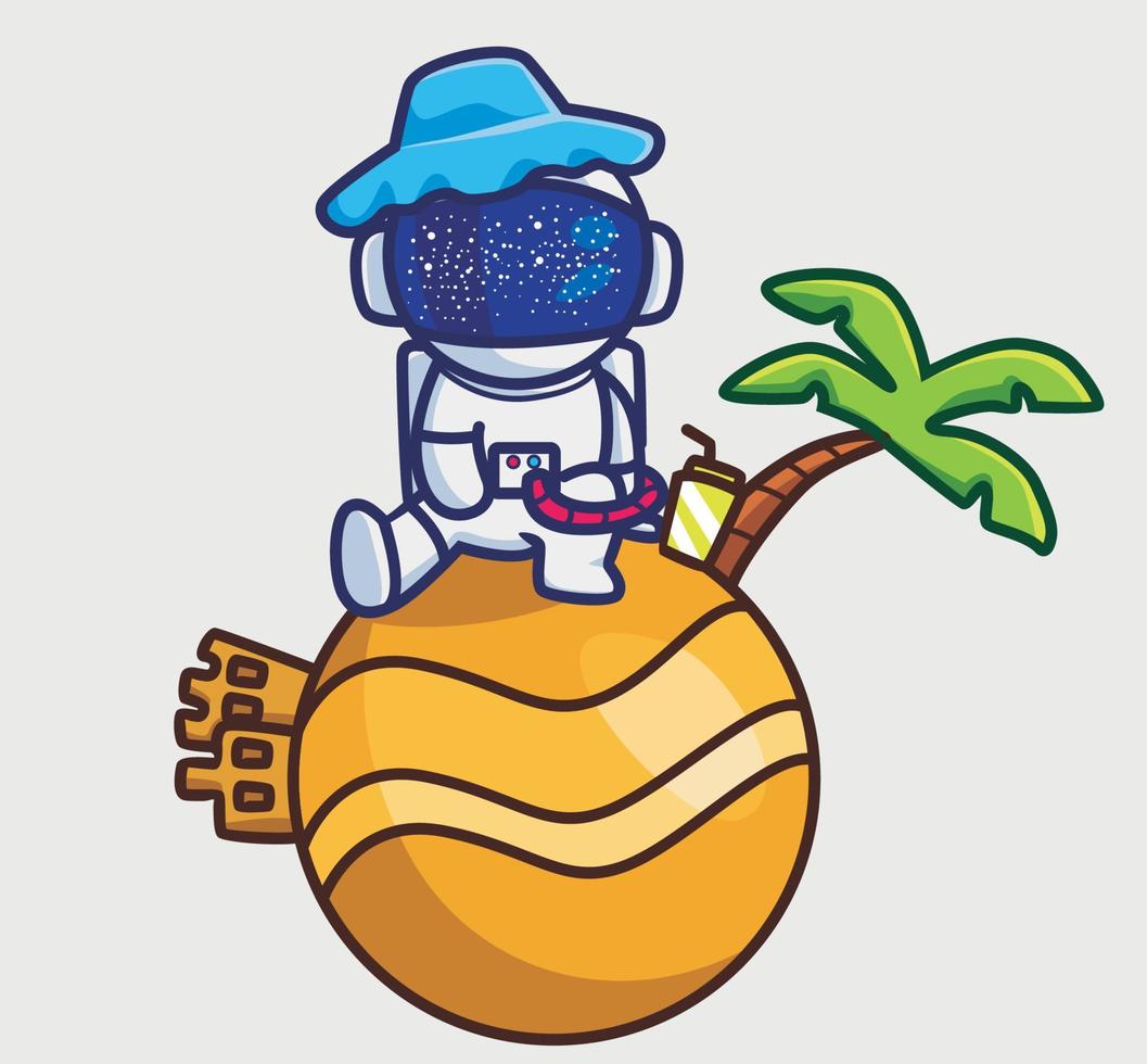 cute astronaut on planet with sand castle. vector