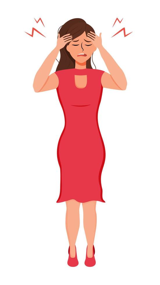 una chica con dolor de cabeza sostiene su cabeza. migraña. ilustración de stock vectorial. Fondo blanco. aislado. personaje con un vestido rojo. estilo plano vector