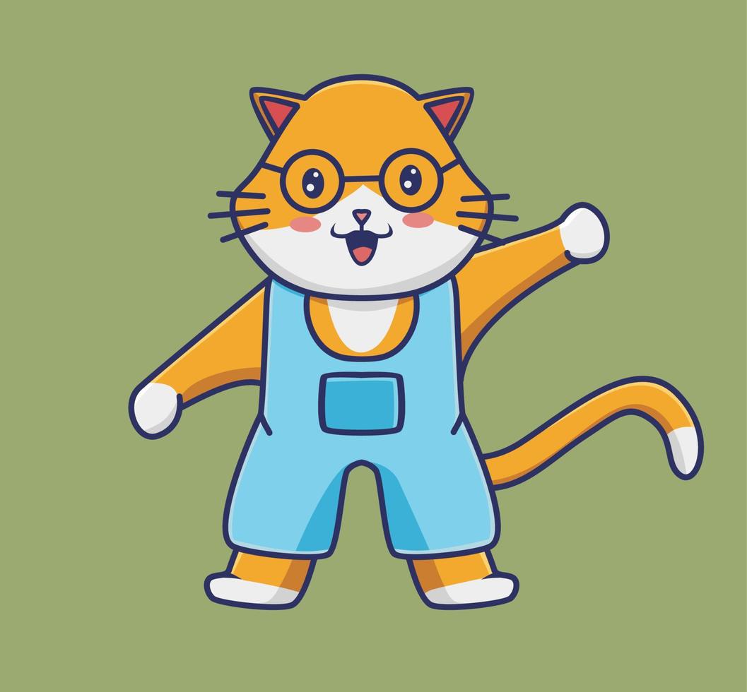 linda chica gato con ropa mano arriba. ilustración aislada del concepto de ropa de animales de dibujos animados. estilo plano adecuado para el vector de logotipo premium de diseño de icono de etiqueta. personaje mascota