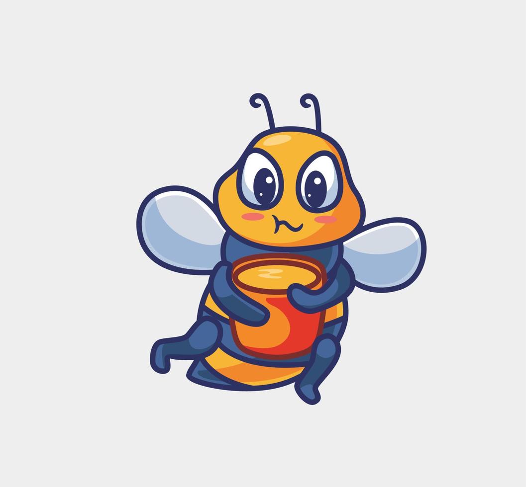 linda abeja sosteniendo un balde lleno de miel. ilustración de naturaleza animal de dibujos animados aislados. estilo plano adecuado para el vector de logotipo premium de diseño de icono de etiqueta. personaje mascota