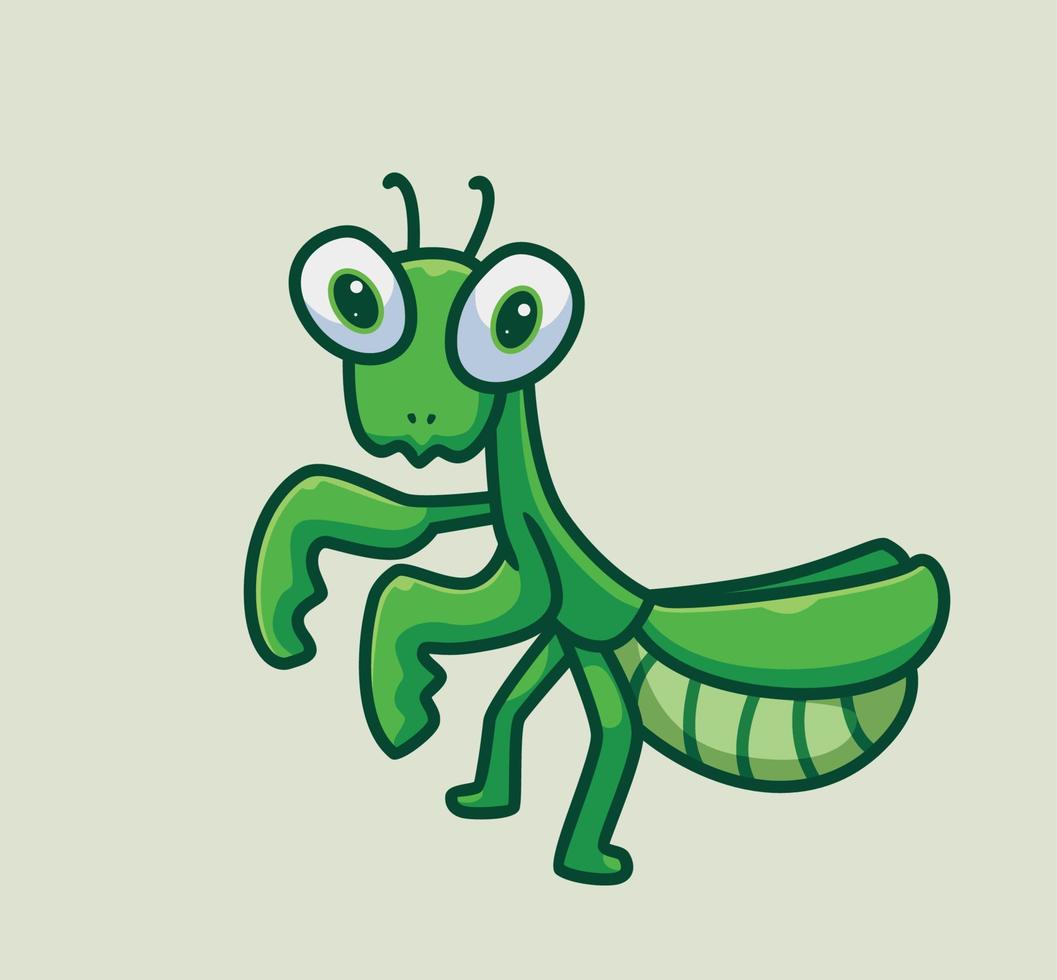 lindo bebé jugando mantis verde. ilustración de naturaleza animal de dibujos animados aislados. estilo plano adecuado para el vector de logotipo premium de diseño de icono de etiqueta. personaje mascota