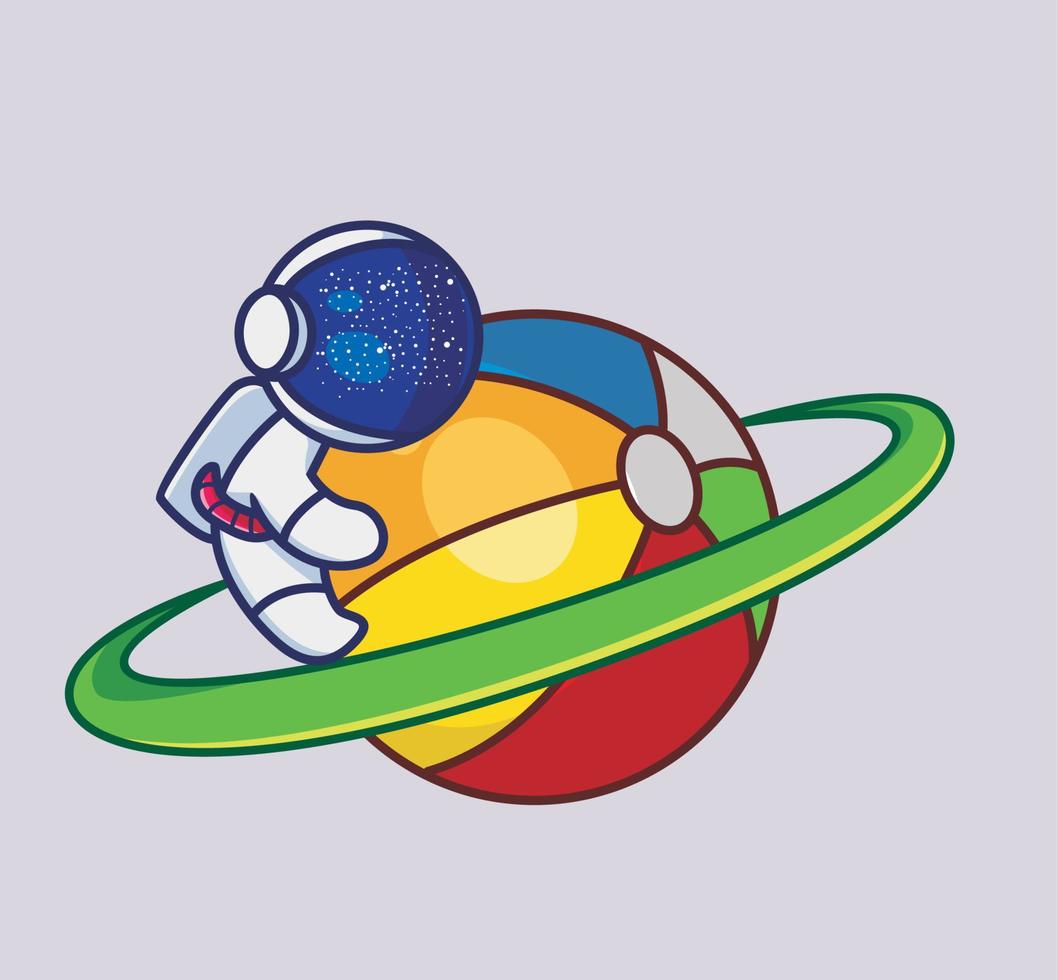 lindo astronauta abrazando el colorido anillo del planeta. dibujos animados viajes vacaciones vacaciones verano concepto aislado ilustración. estilo plano adecuado para el vector de logotipo premium de diseño de icono de etiqueta. personaje mascota