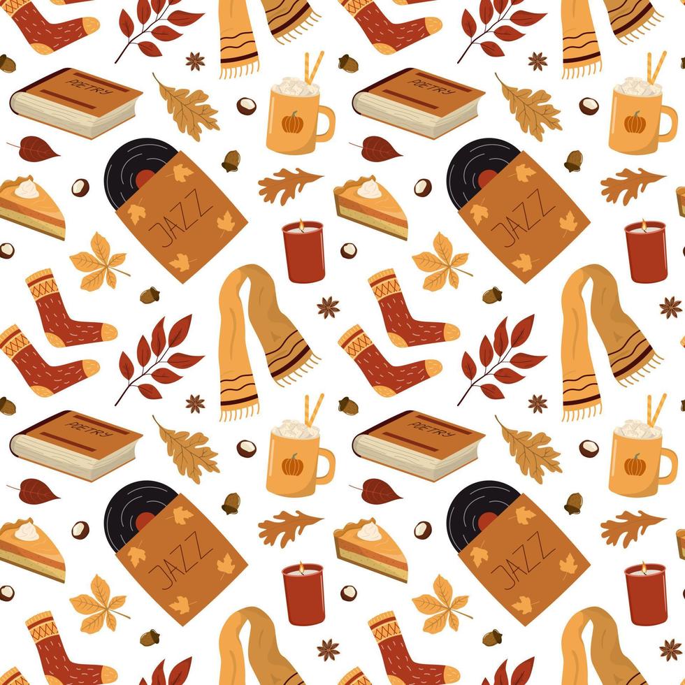 Cozy autumn elements seamless background. Hot drink, pie, music record, book, knitted socks, scarf, candle. Isolated on white background. Autumn wallpaper vector