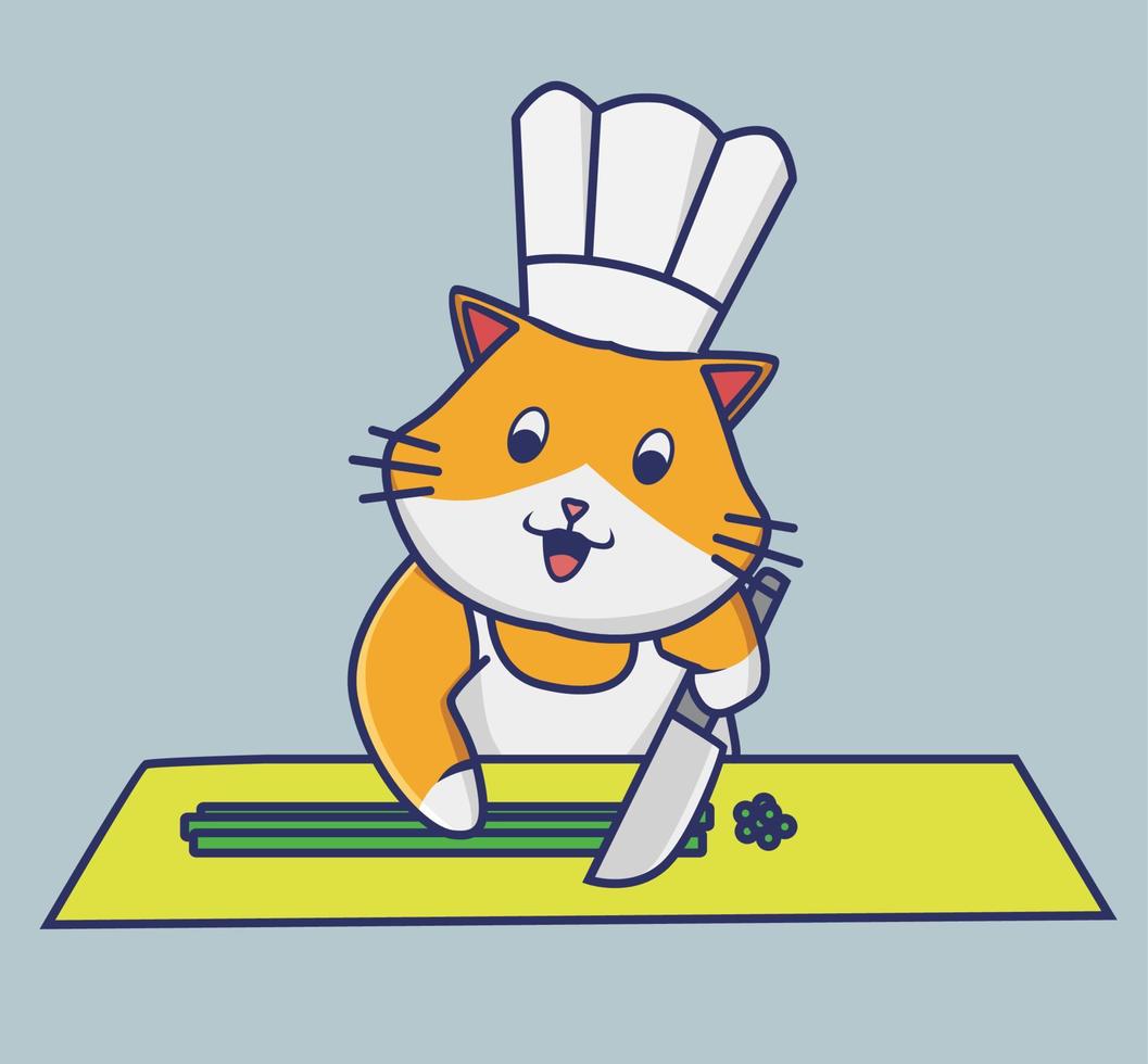 lindo gato cortando un chef de verduras. comida y bebida dibujos animados estilo plano icono ilustración premium vector logo pegatina mascota aislado diseño web