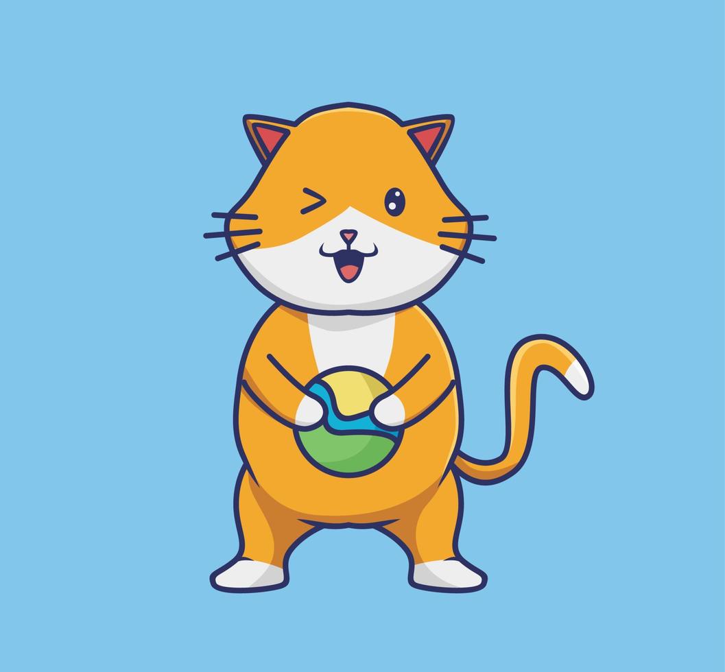 lindo gato sosteniendo una pelota. caricatura animal estilo plano ilustración icono premium vector logo mascota adecuado para diseño web banner carácter