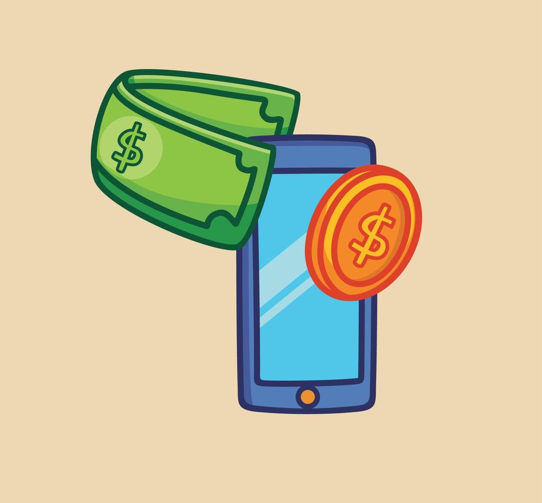 lindo teléfono inteligente ganando dinero desde internet. ilustración de objeto de dibujos animados aislado. estilo plano adecuado para el diseño de iconos de pegatinas vector de logotipo premium