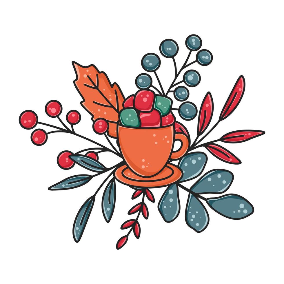 Cozy autumn or winter coffee composition with marshmallow berries and foliage vector