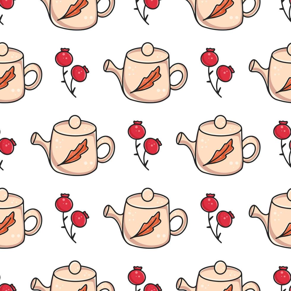 Cute teapots and berries seamless pattern vector