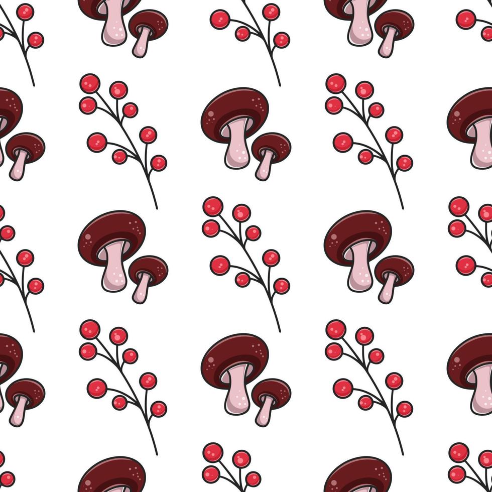 Mushrooms and berries seamless fall pattern vector