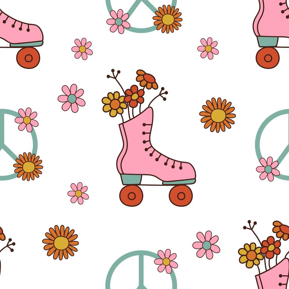 Groovy retro seamless pattern with roller skate with flowers and peace symbol. 1970 style. Vector illustration