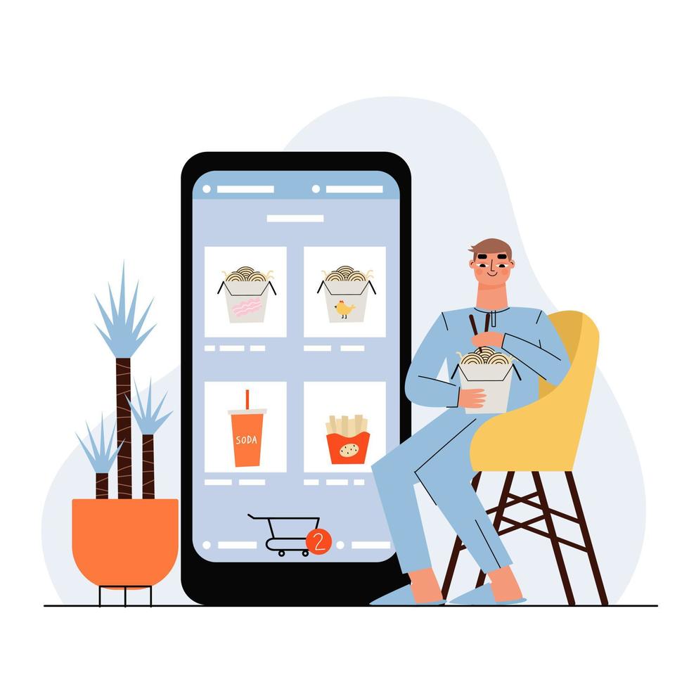 Mobile application for ordering food. Man orders wok online. Flat vector illustration