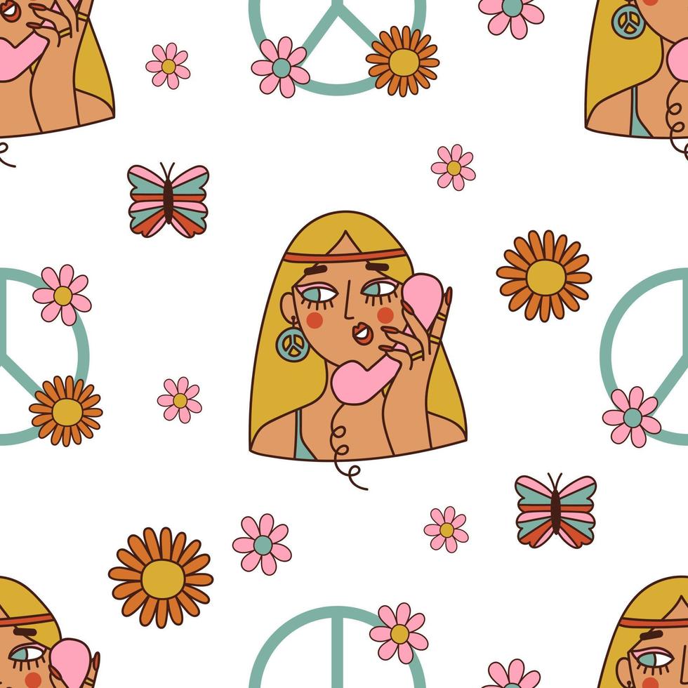 maravilloso patrón trippy sin costuras con chica hippie, símbolo de paz y flores de margarita. 1970 astuto. ilustración vectorial vector