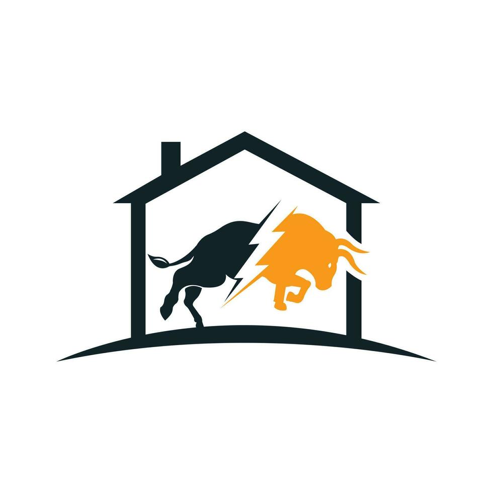 Bull with thunder and home logo design. Flash electric energy in bull. vector