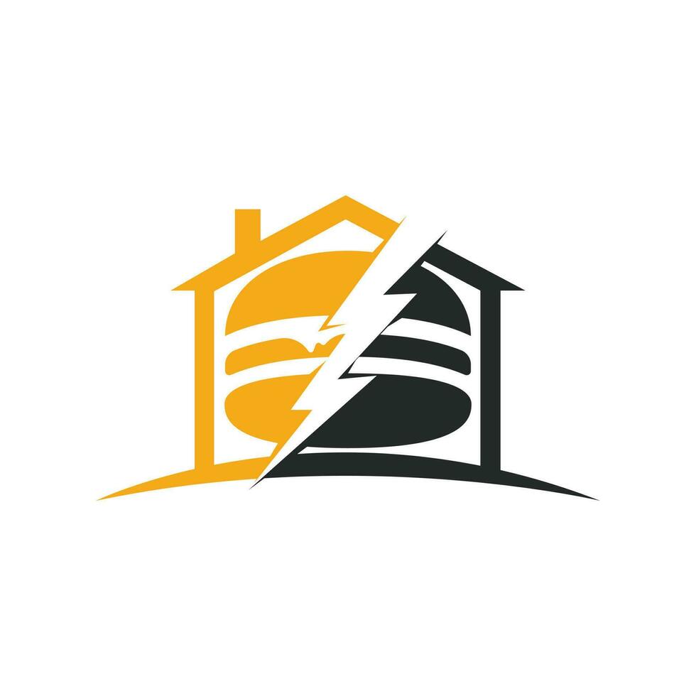 Flash burger vector logo design. Burger with thunderstorm and home icon logo.