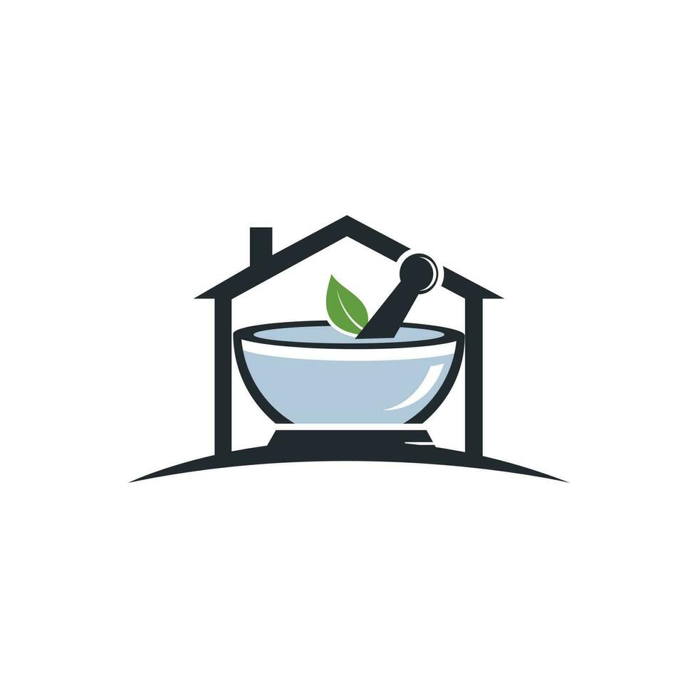 Pharmacy medical logo design. Natural mortar and pestle logotype, medicine herbal illustration symbol icon vector design.