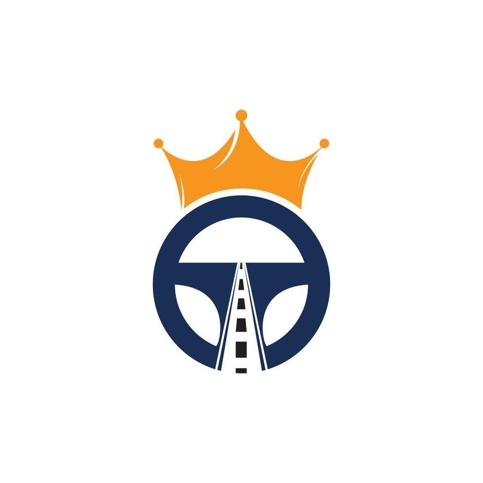 Drive king vector logo design. Steering with road and crown icon.