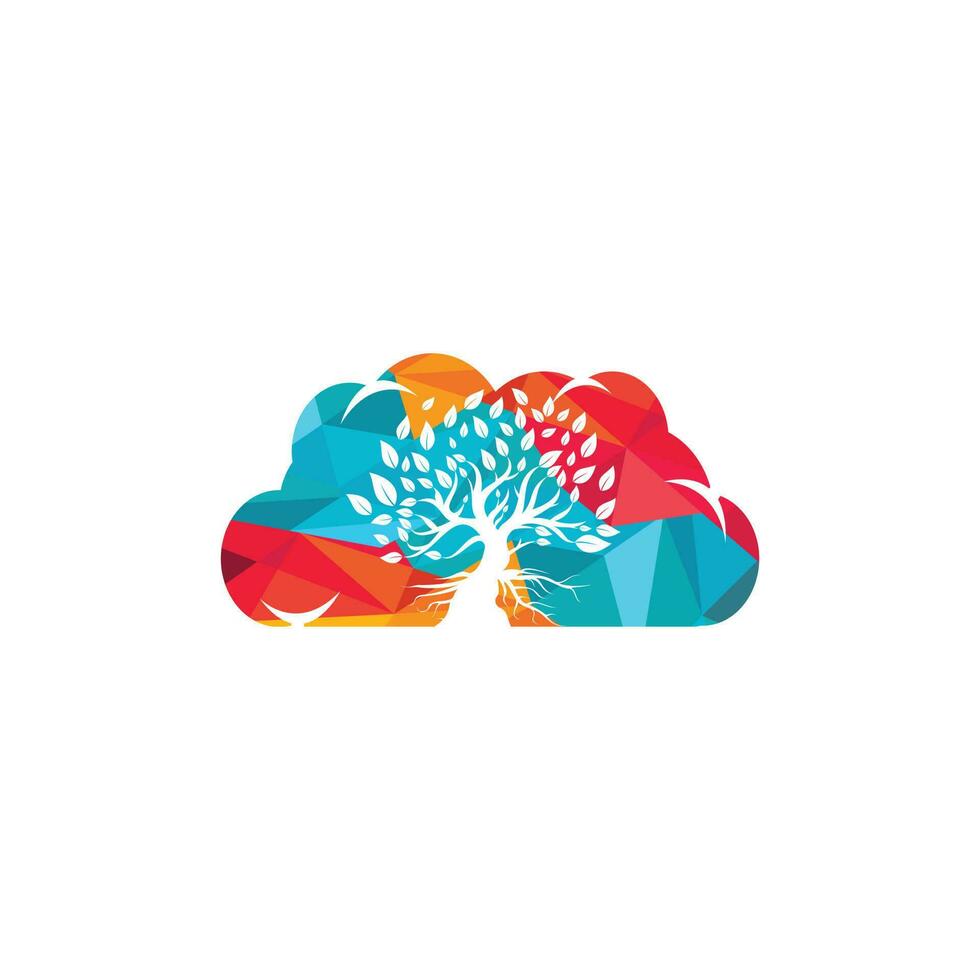 árbol raíces nube forma concepto vector logo diseño.