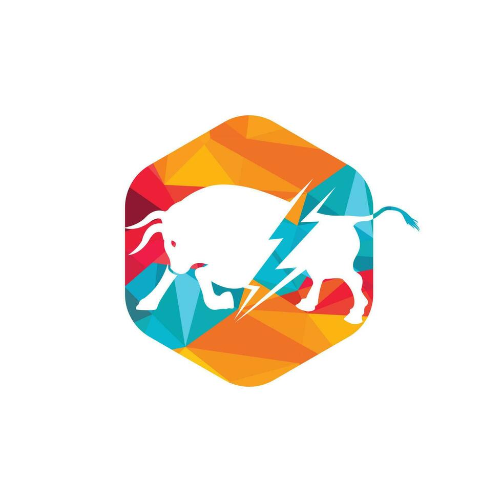 Bull with thunder logo design. Flash electric energy in bull. vector