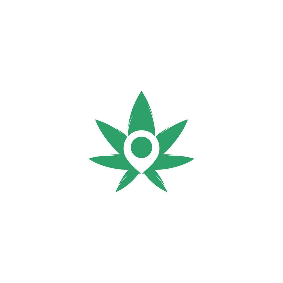 diseño de logotipo de hoja de marihuana y puntero de mapa. símbolo o icono del localizador de cáñamo y gps. vector