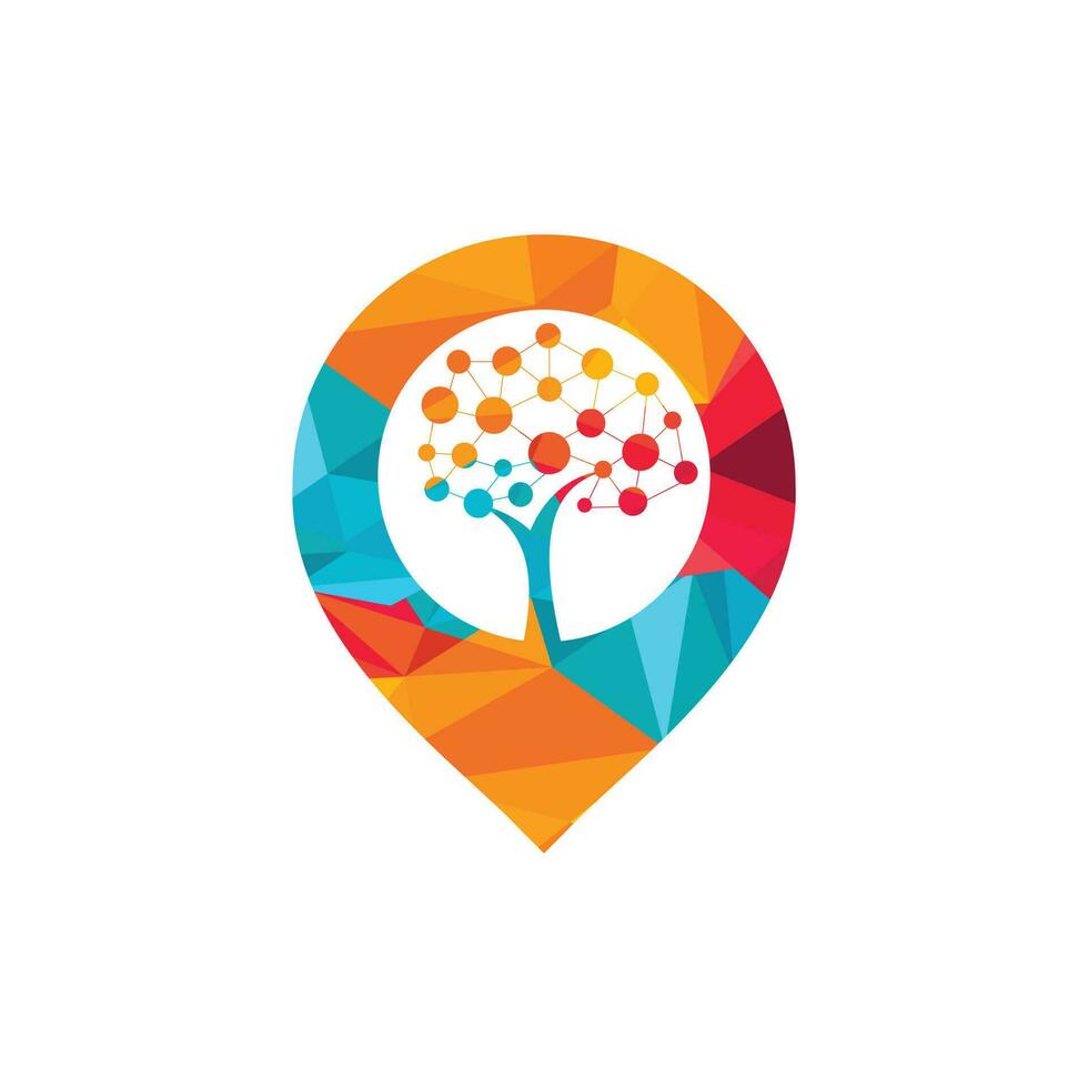 diseño de plantilla de logotipo de concepto de forma de pin de mapa de árbol tecnológico. tecnología, naturaleza, inalámbrica, internet, plantilla de logotipo de vector de red.