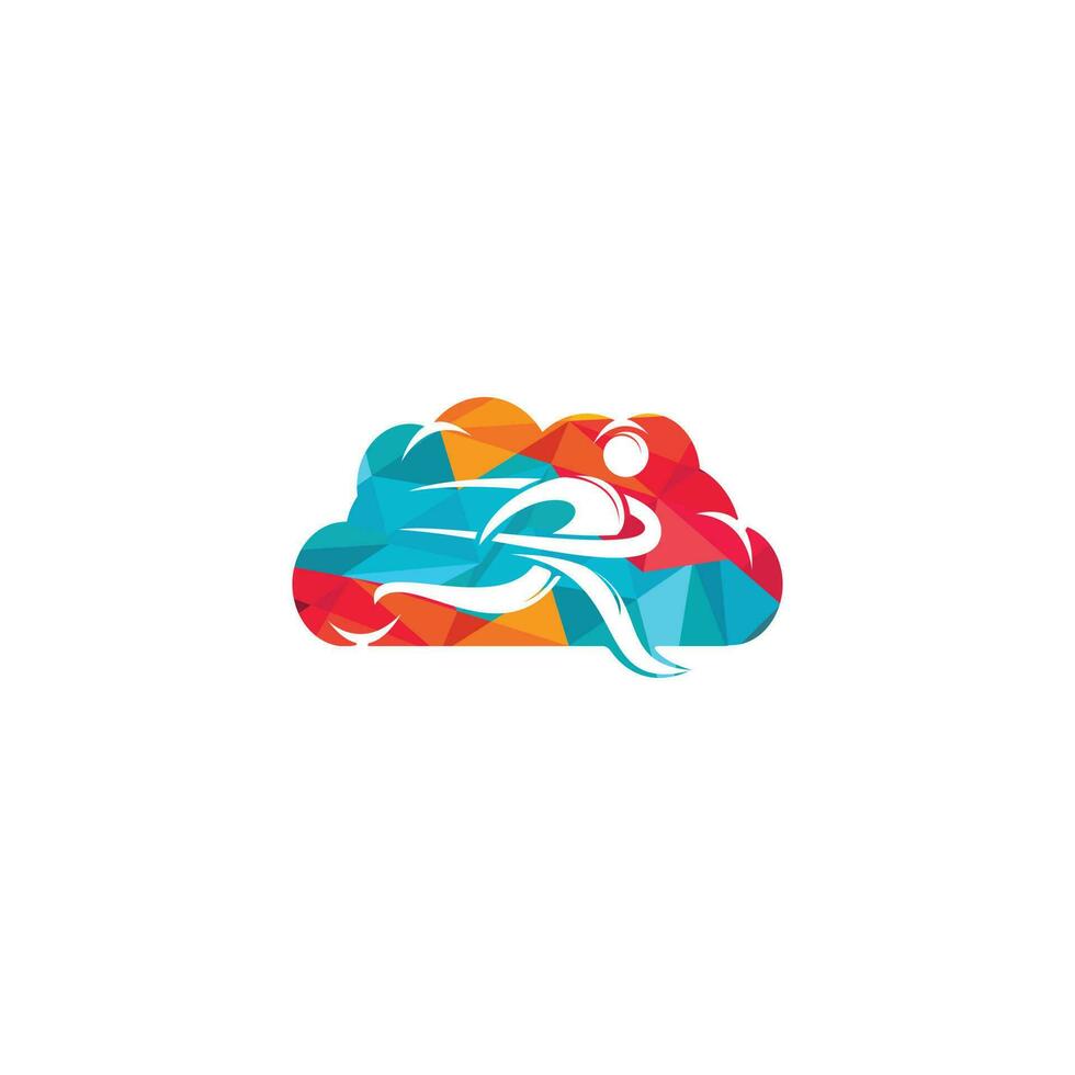 hombre corriendo con diseño de logotipo en forma de nube de cinta de acabado. plantilla de logotipo de maratón. Signo de club de carreras o club deportivo. vector