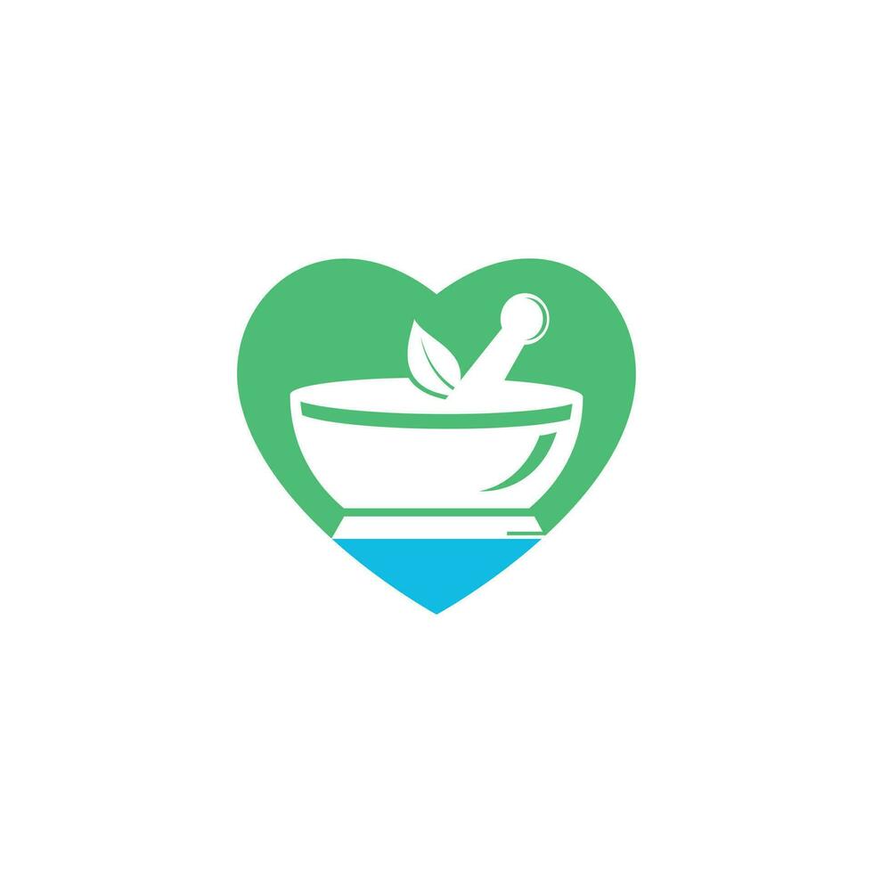 Heart shape pharmacy medical logo design. Natural mortar and pestle logotype, medicine herbal illustration symbol icon vector design.