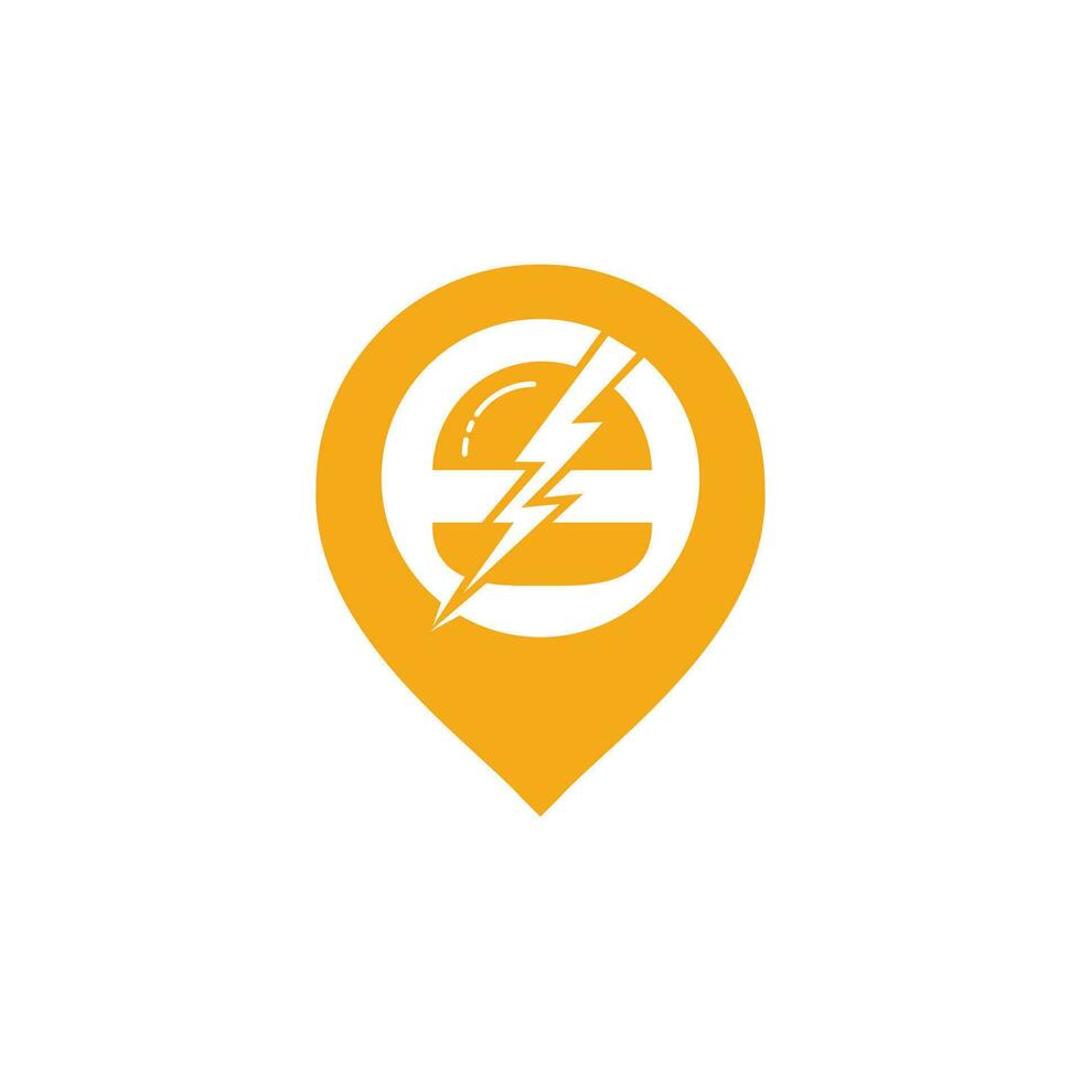 Flash burger vector logo design. Burger with thunderstorm and pin pointer icon logo.