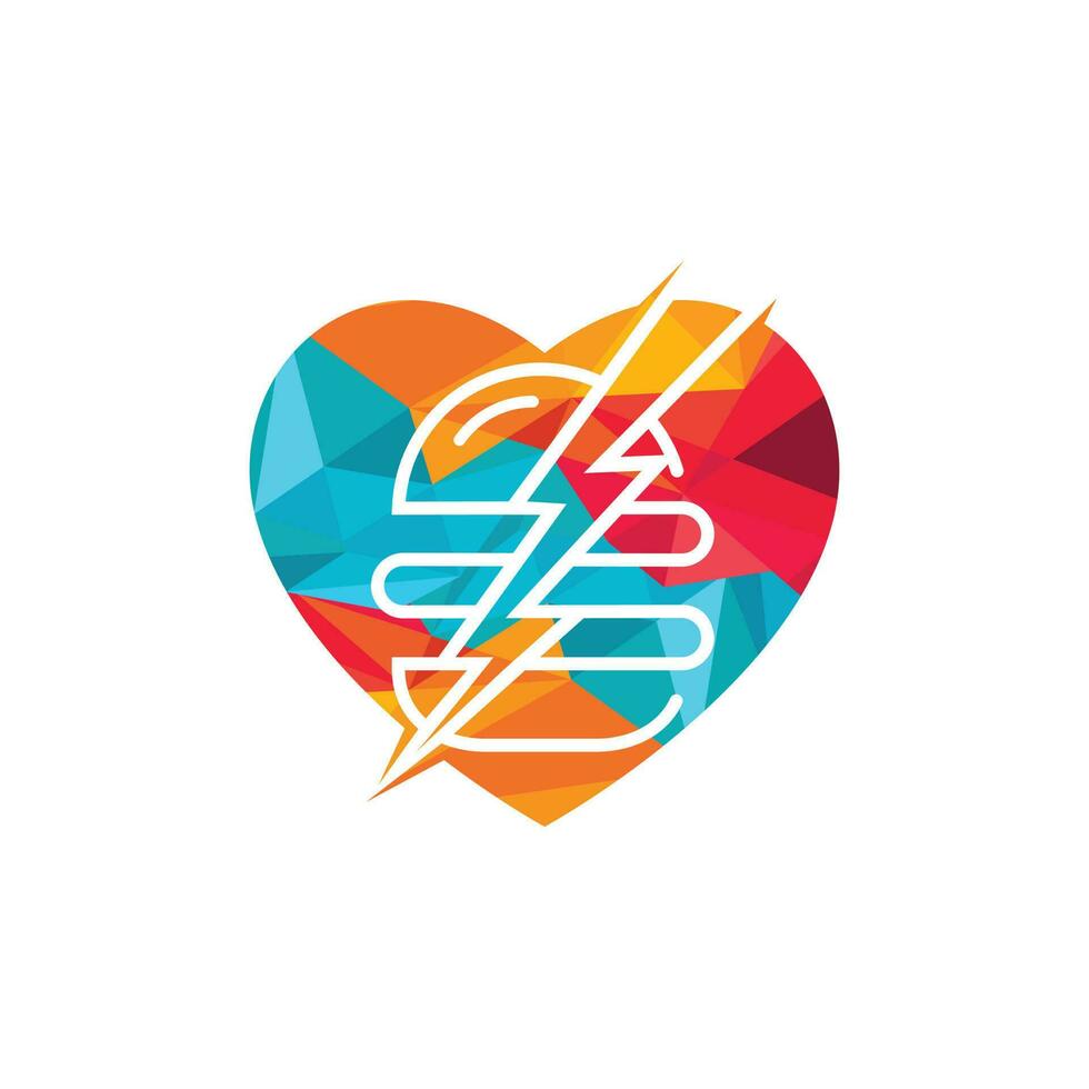 Flash burger vector logo design. Burger with thunderstorm and heart icon logo.