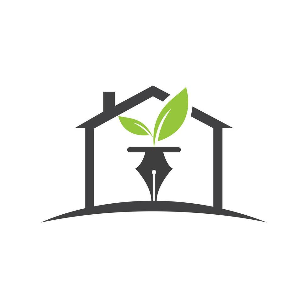 Leaf and pen logo design. Education and writer community Logo. Home with leaf and nab icon design. vector