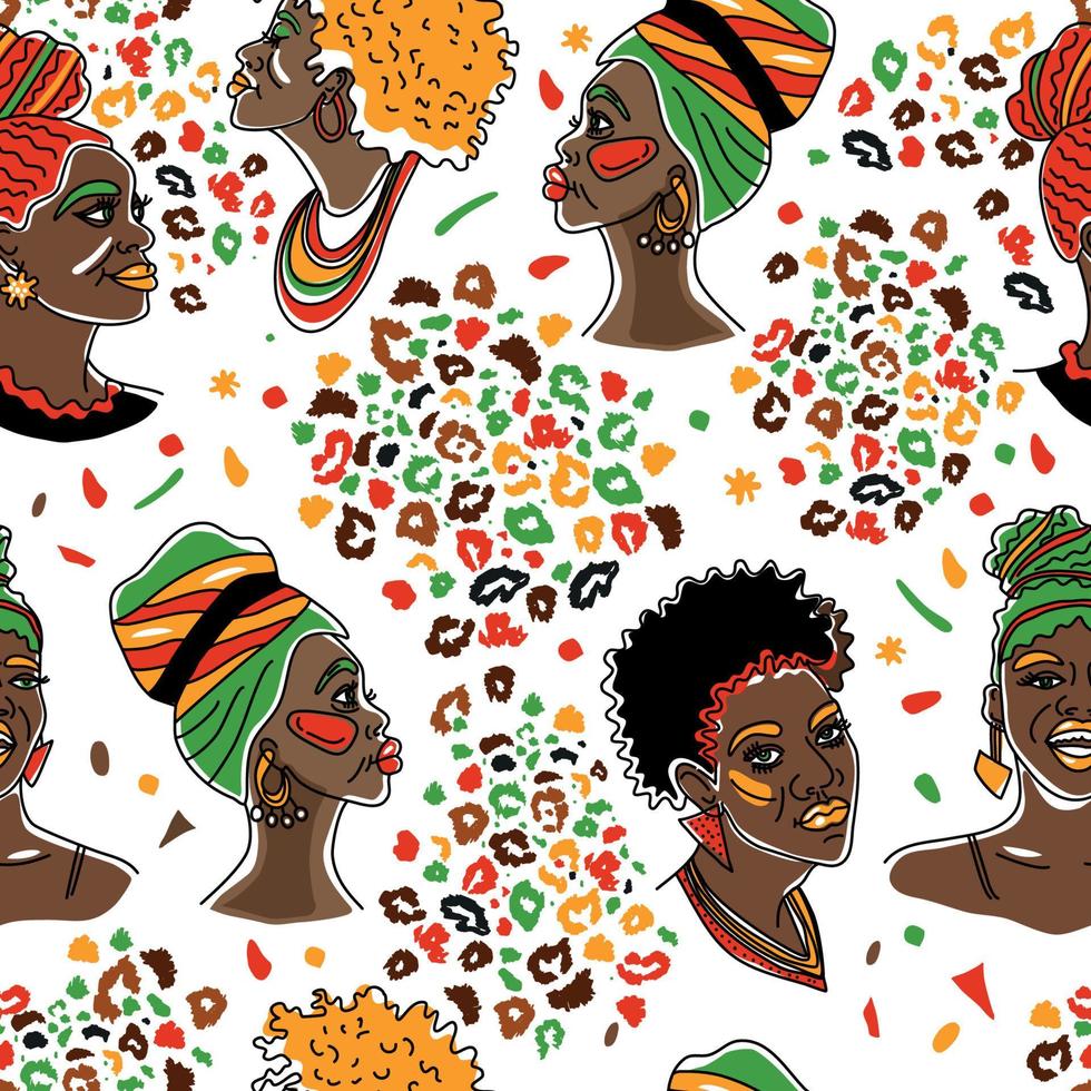 kwanzaa chicas guapas afroamericanas. ilustración vectorial de mujer negra con labios brillantes y turbante. patrón de superficie transparente aislado en blanco. vector