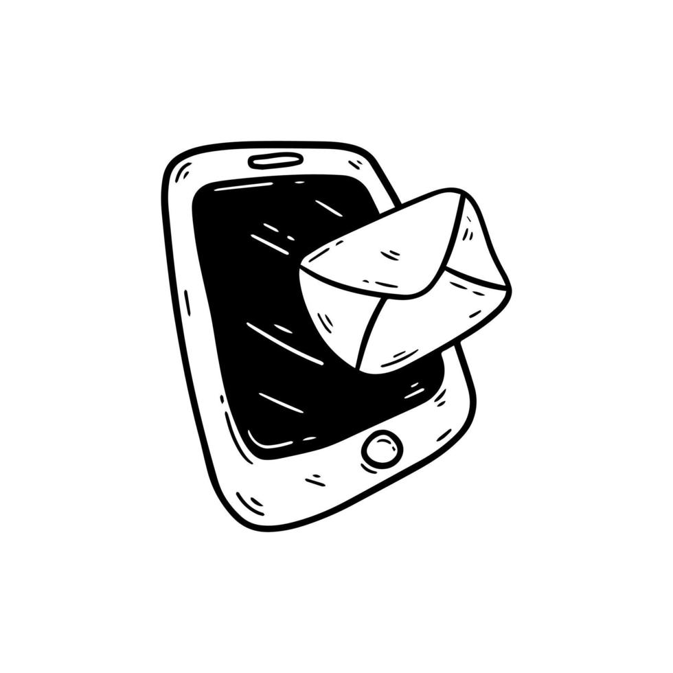 illustration Send email with phone device. Hand drawn doodle sketch style envelope and smartphone icon vector