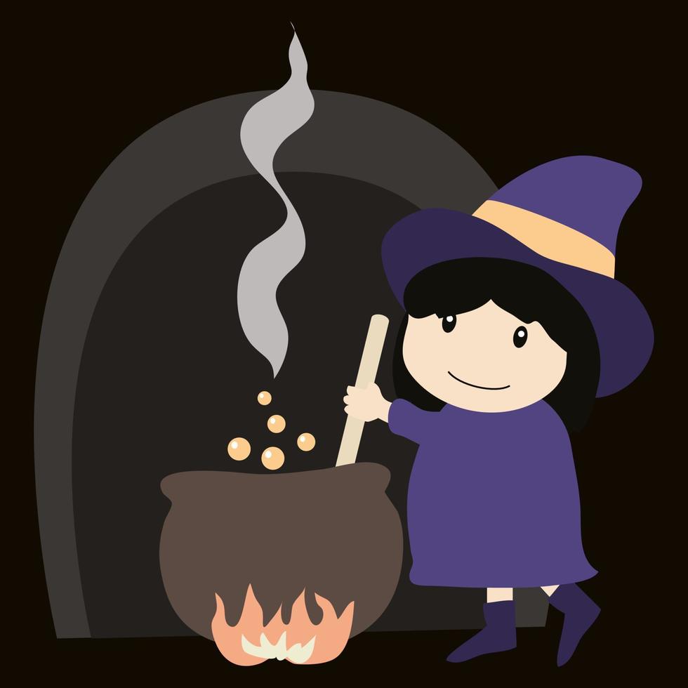 Little witch brews a potion in a cauldron. Funny characters for the holiday Halloween. Cartoon vector graphics.
