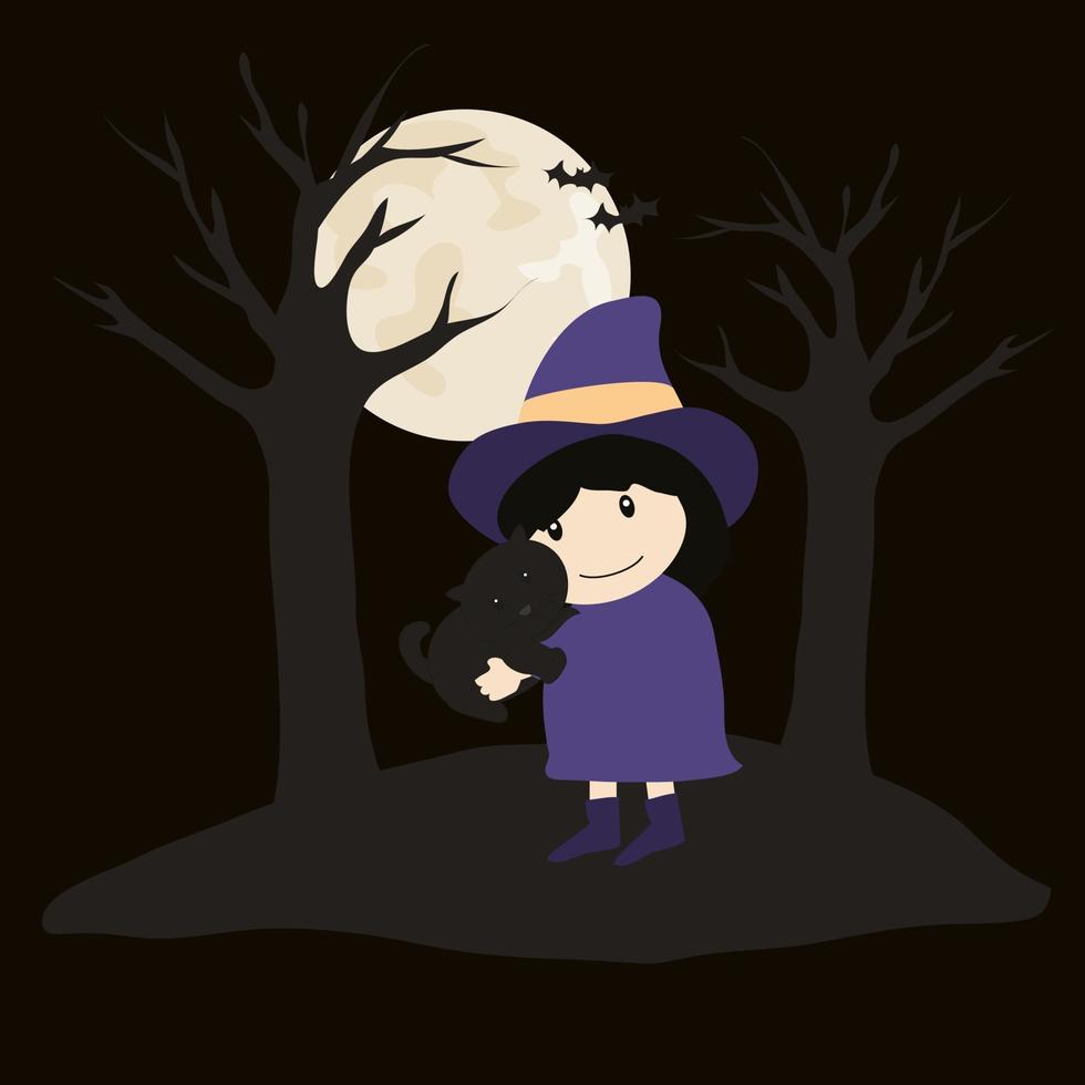 Cute little witch in a Halloween costume with treats in her hands and a black cat. Flat style, cartoon, vector. vector