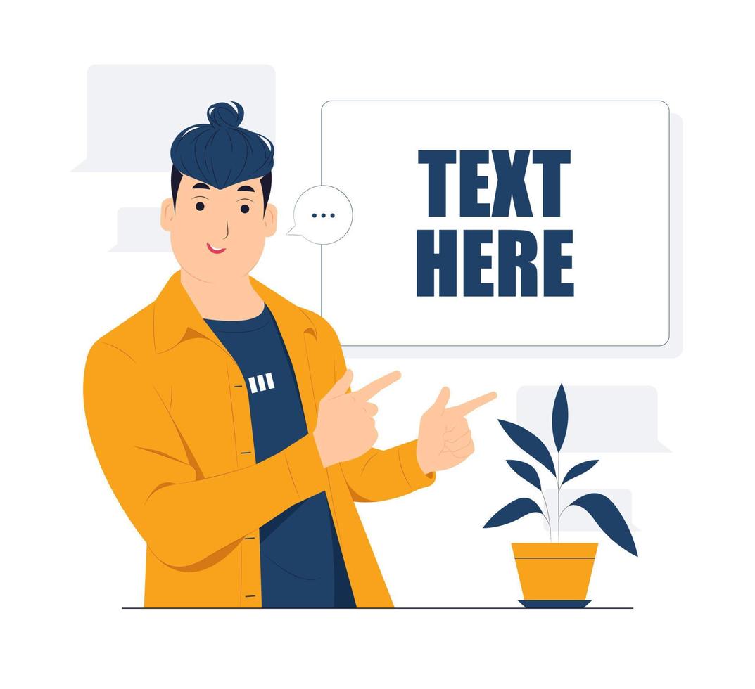 Man showing and pointing fingers upper left and right corner with happy expression advices use this copy space wisely concept illustration vector