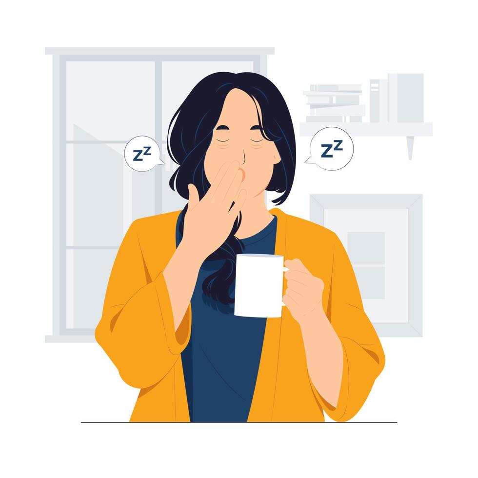 mujer sosteniendo una taza de té o café en la mano por la mañana, soñolienta y cansada, quiere dormir, mientras bosteza. Ilustración de concepto de tipo de búho nocturno vector