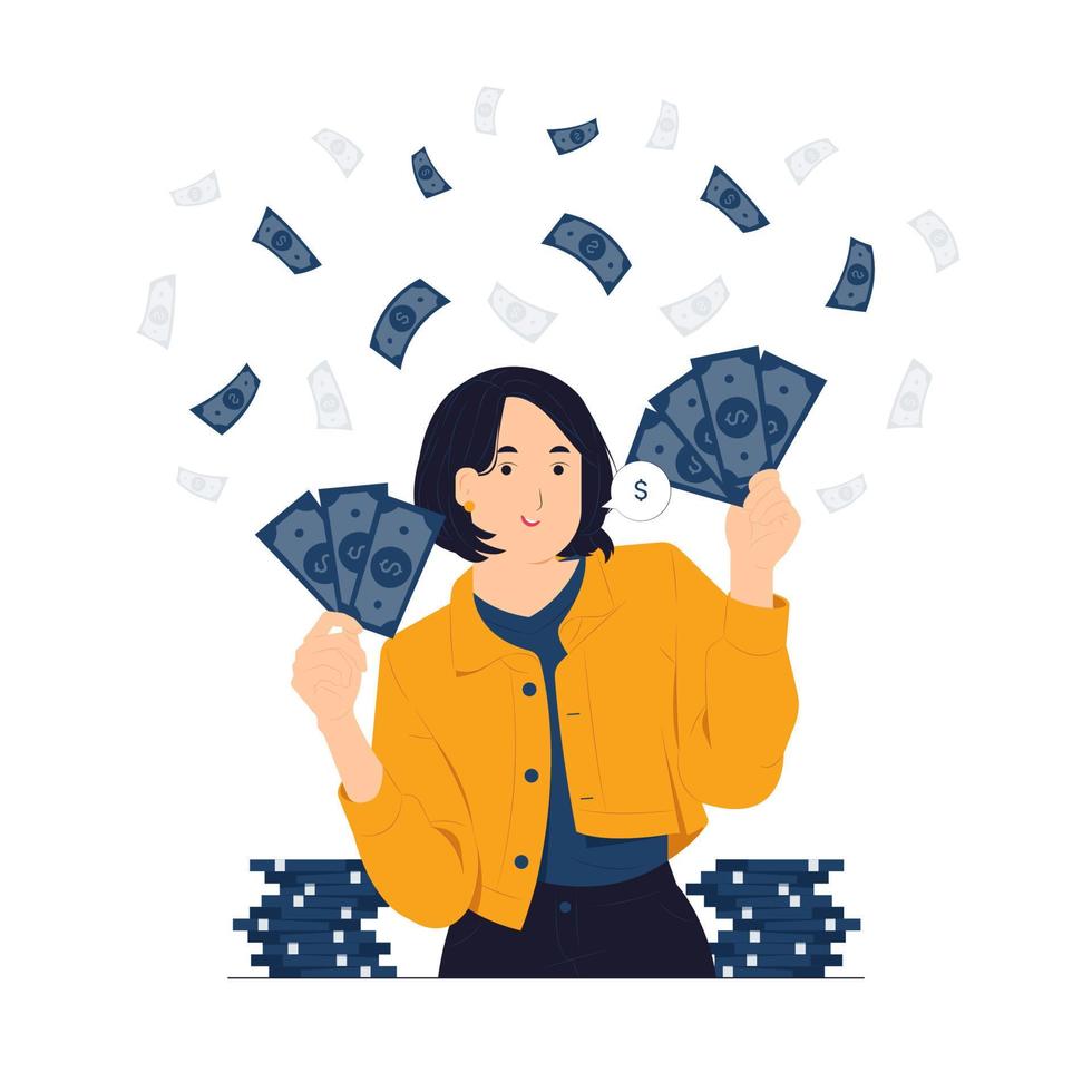 Money investment return earned dollars and hold pile of cash concept illustration vector