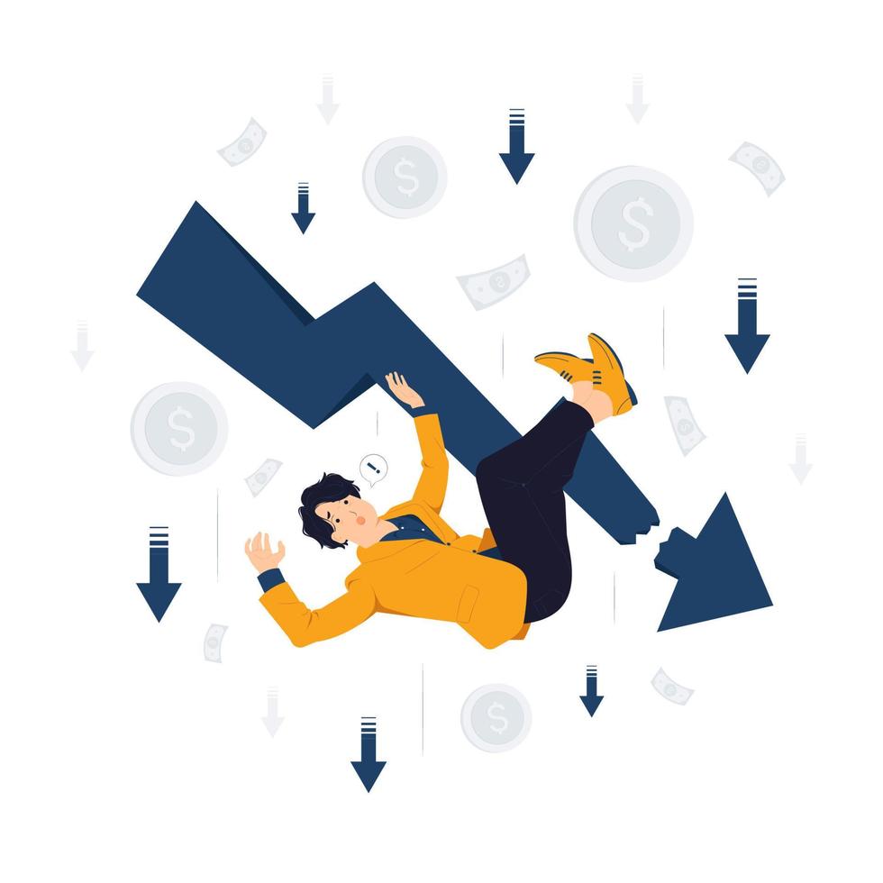 Bankruptcy Depressed Businessman upset and panicked thinking over Business failure, financial crisis, downward arrow concept illustration vector