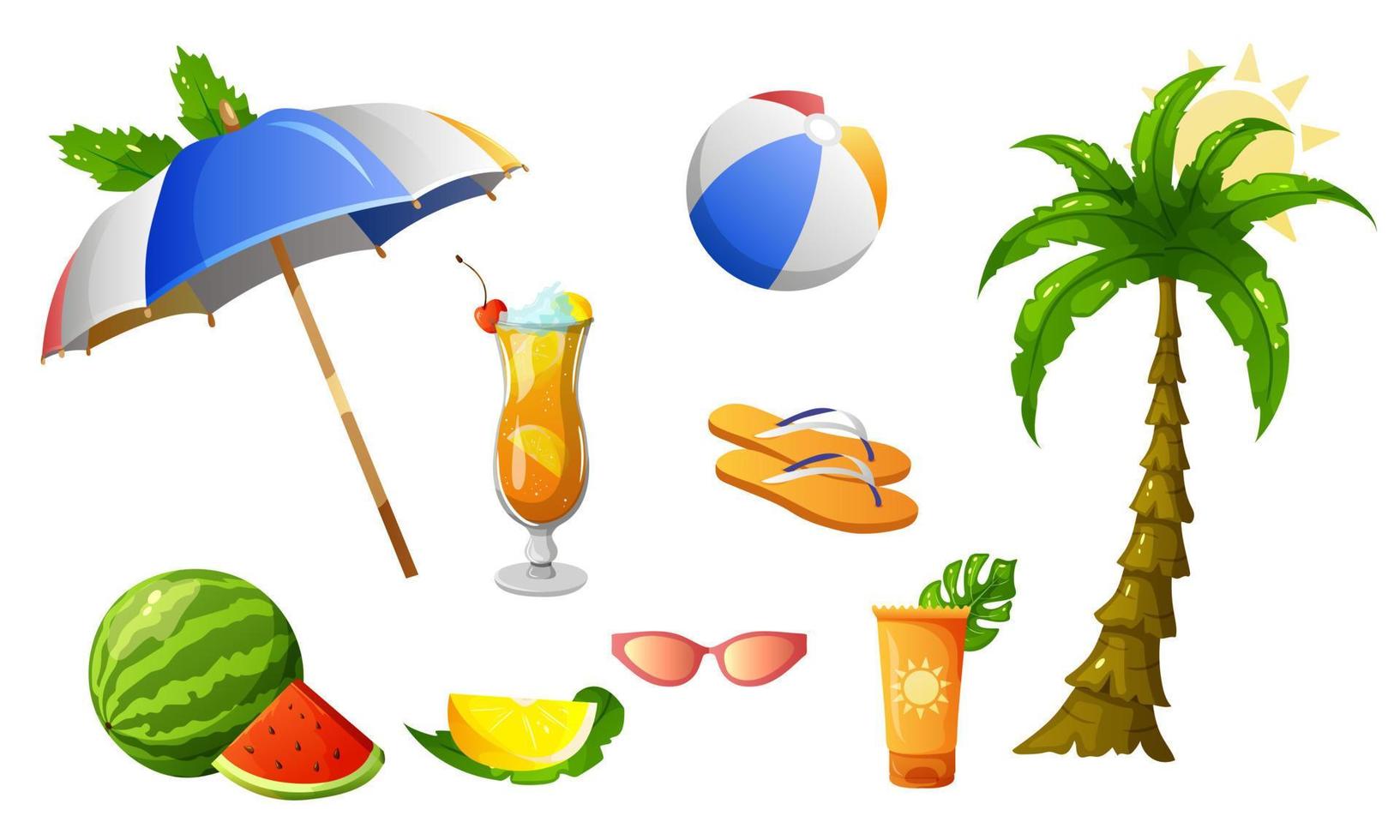 conjunto de verano, accesorios. playa, lentes de sol, sombrilla, frutas, bloqueador solar, bebidas frías, pantuflas. palmera. vector