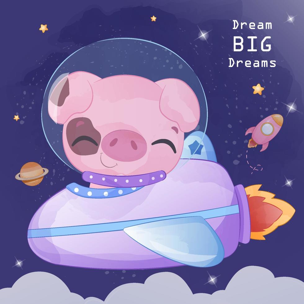 Space Piglet in Watercolor Illustration vector