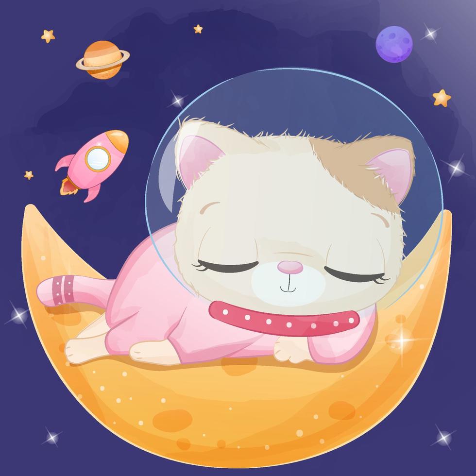 Space Kitten in Watercolor Illustration vector