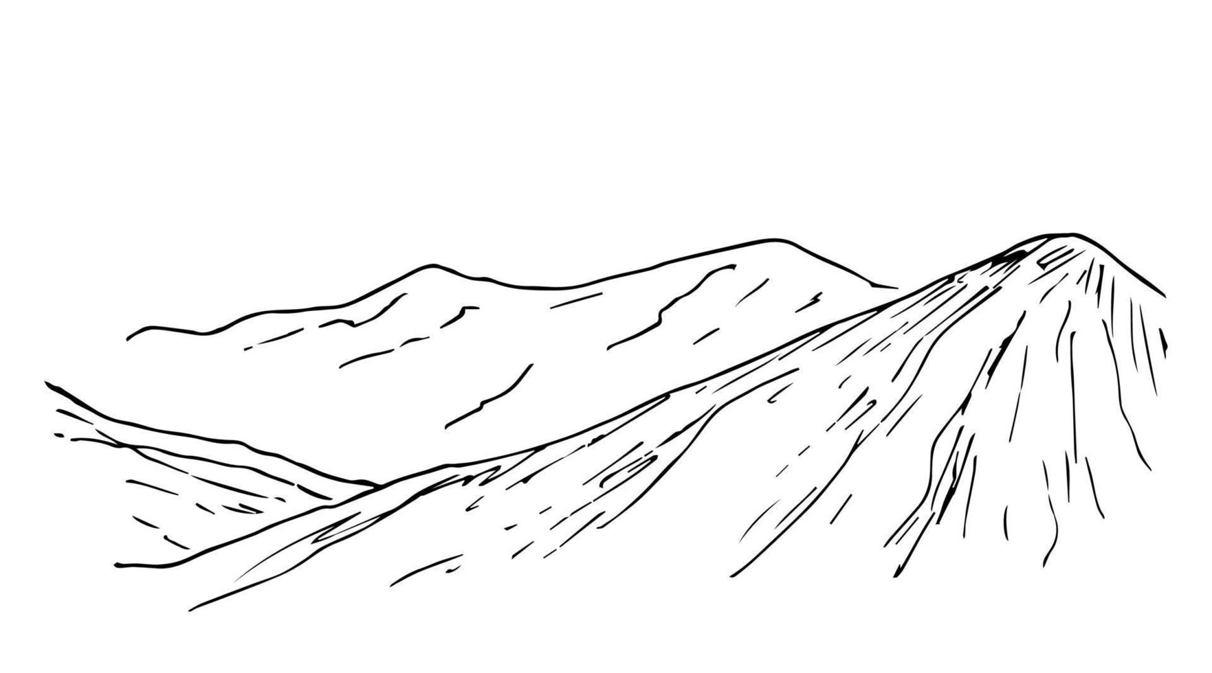 Hand-drawn black outline simple vector drawing. Mountain contour on the horizon, lines, hills, panoramic landscape, rocky terrain. Tourism, travel, mountaineering. Wildlife of mountainous countries.